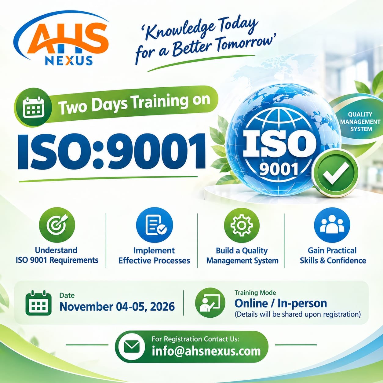 Two Days Practical Training on ISO 9001:2015 Quality Management System (QMS) Implementation